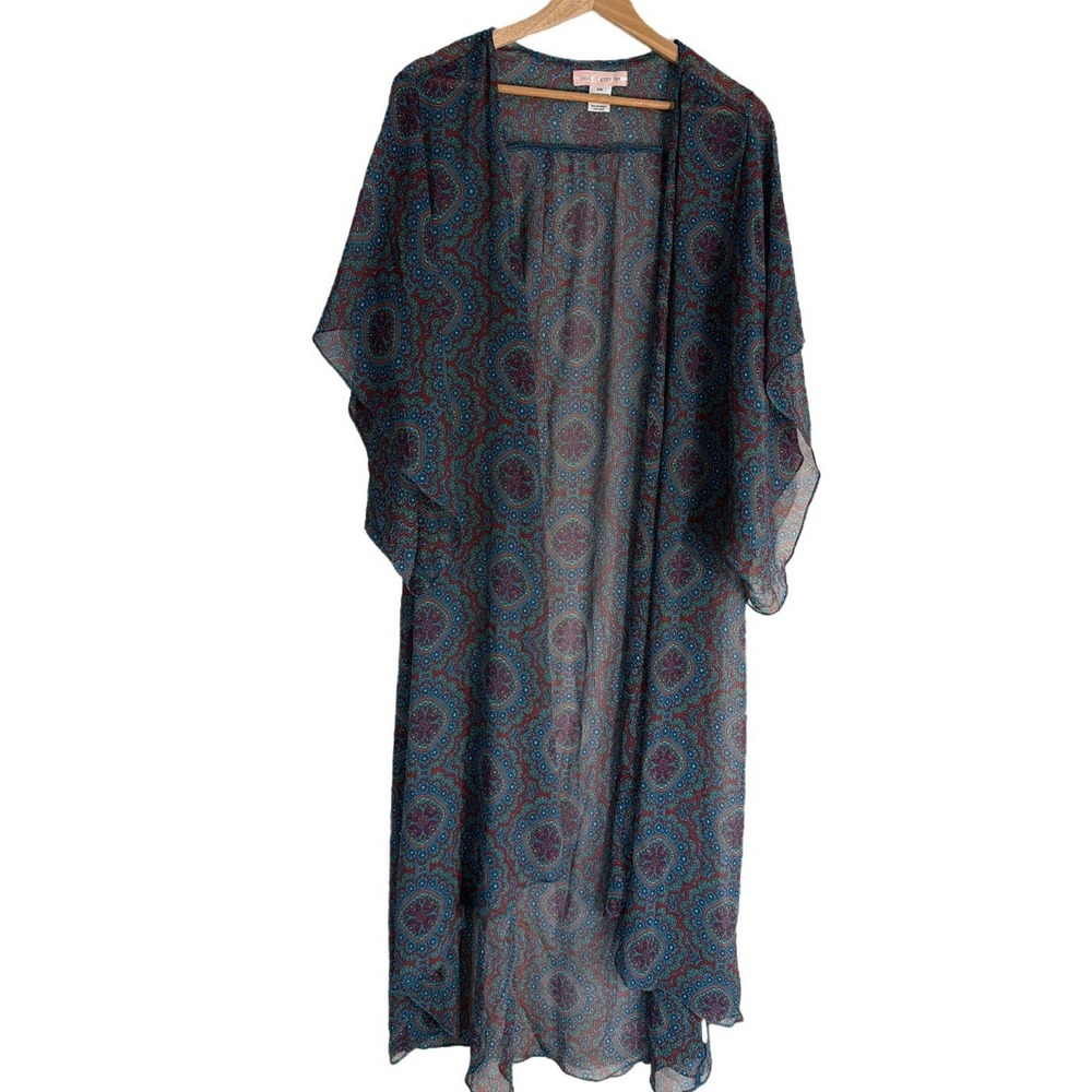 Band of Gypsies Paisley Sheer Long Kimono‎ Cardigan Coverup Green/Blue/Red - S/M